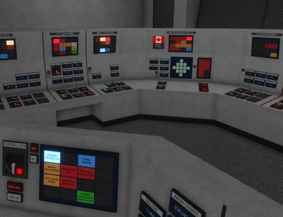 A screenshot of the GE BWR/4 simulation project, showing a complex control room with various gauges, buttons, and indicators.