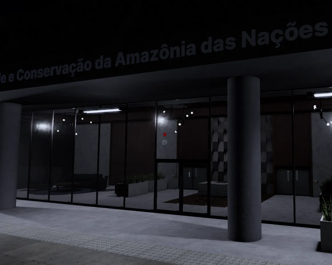 The entrance to the Site-23 facility, a large and imposing structure with a futuristic design, surrounded by dense jungle foliage.